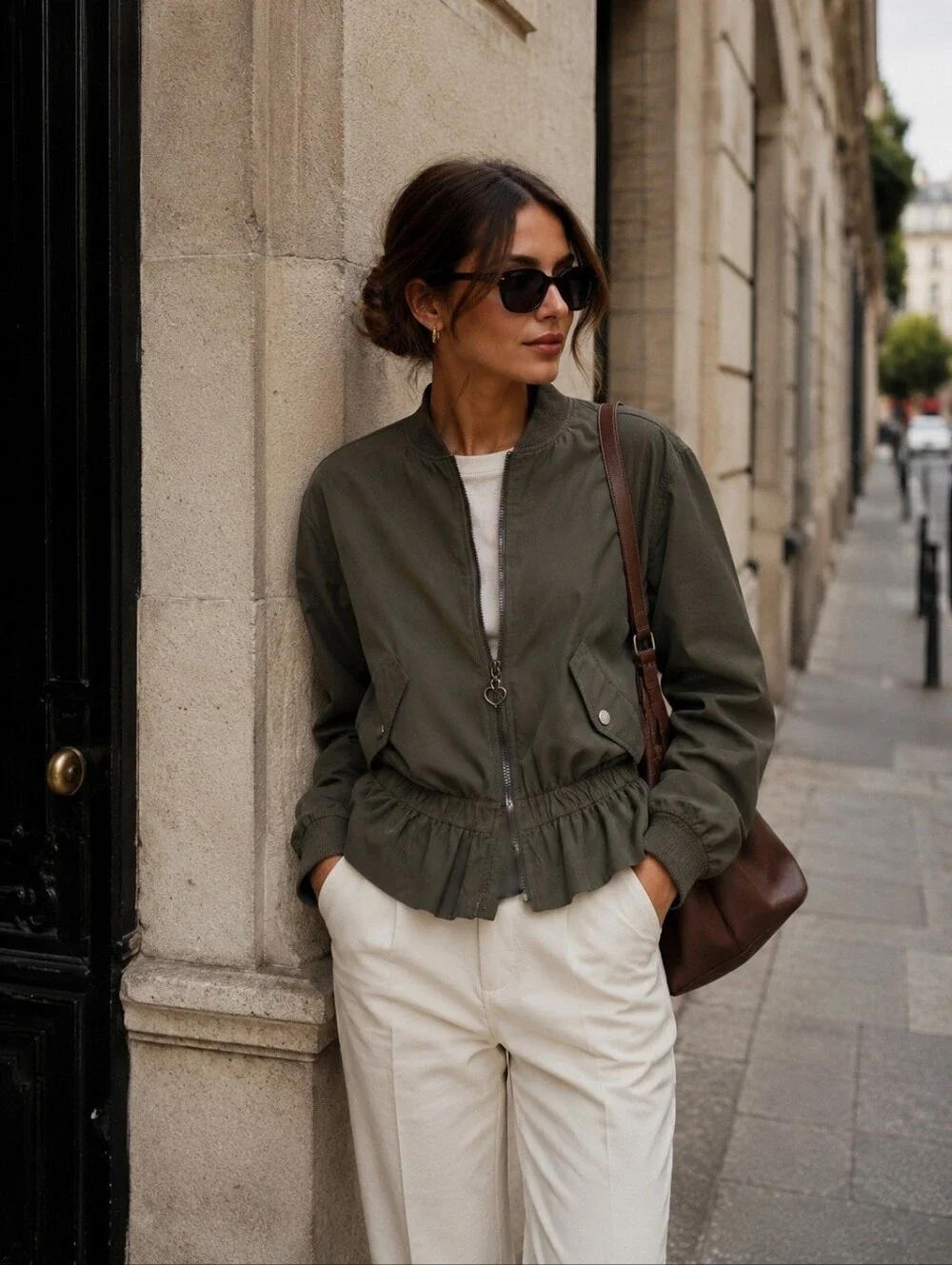 Kate Spade Twill Flounce Bomber Olive Green Jacket